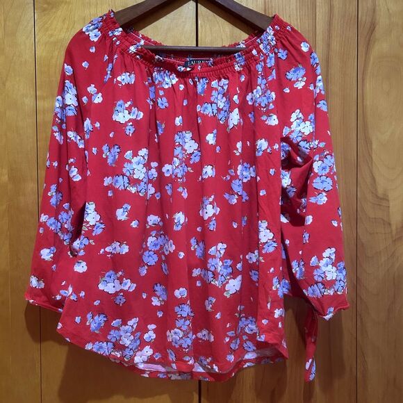 Lauren Ralph Lauren Tops - Lauren Ralph Lauren Red Cotton Floral Off Shoulder Top-Sz L-Preppy-Peasant